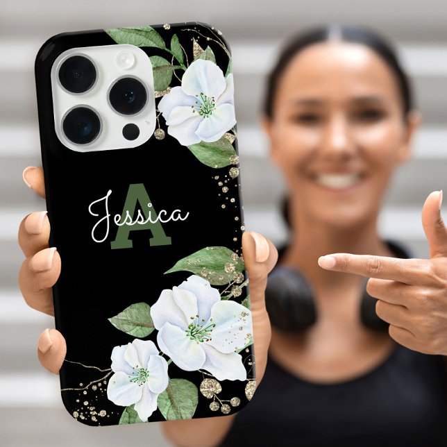 Coque iPhone Or Monogramme Floral Aquarelle Script Chic (Créateur téléchargé)