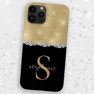 Coque Pour iPhone 14 Or Noir Élégant Diamants Monogramme Luxe Personnal