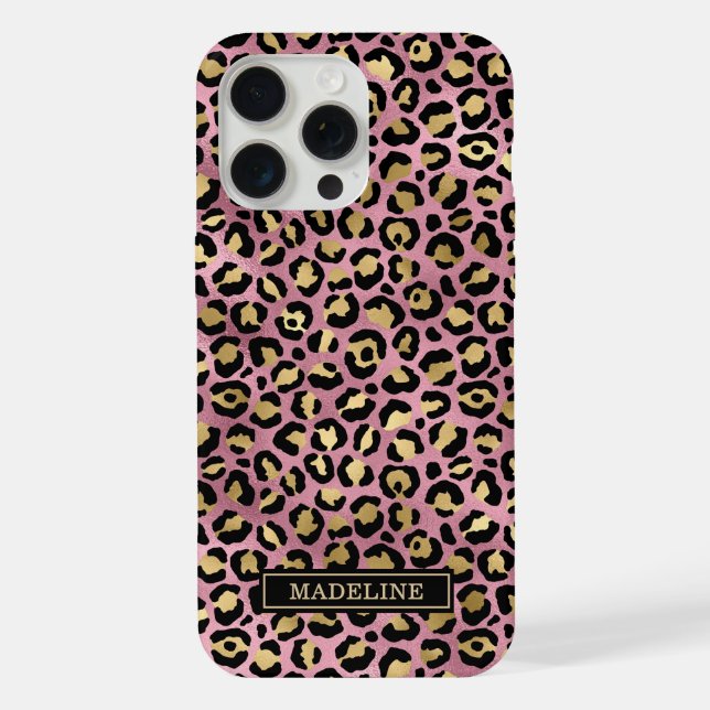 Coque iPhone Or rose feuille de leopard impression monogrammé  (Verso)