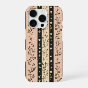 Coque iPhone 16 Pro Or rose noir rayures fleurs vintage