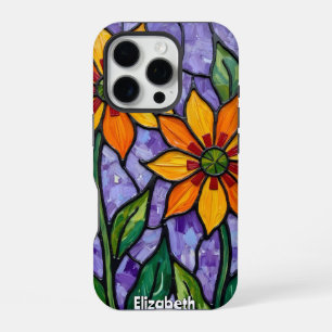 Coque iPhone 16 Pro Orange Fleurs Style Verre Trait
