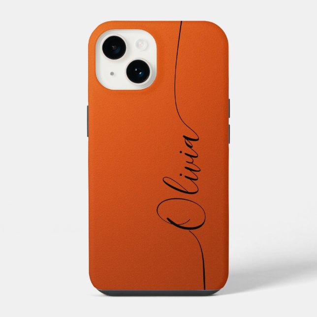 Coque iPhone Orange Noir Élégant Calligraphie Script Nom (Verso)