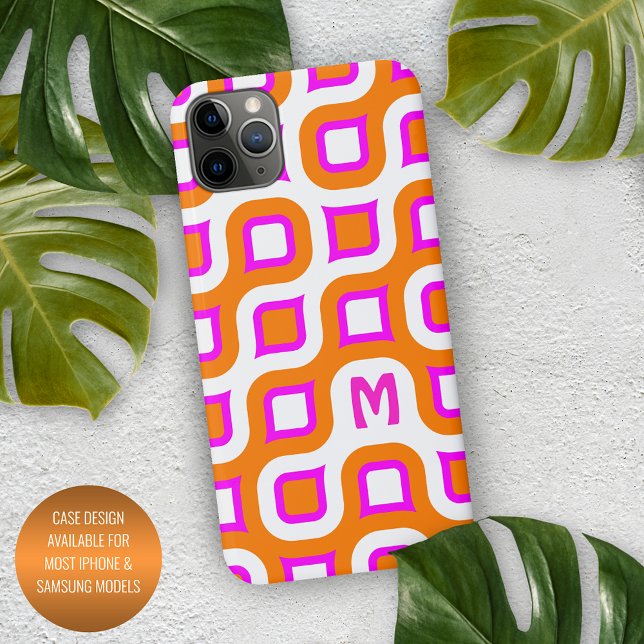 Coque iPhone Orange Rose Chaud Blanc Motif d'Art Midcentury (Créateur téléchargé)
