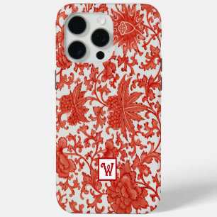 Coque iPhone 15 Pro Max Orange rouge Vintage chinois motif floral Monogram