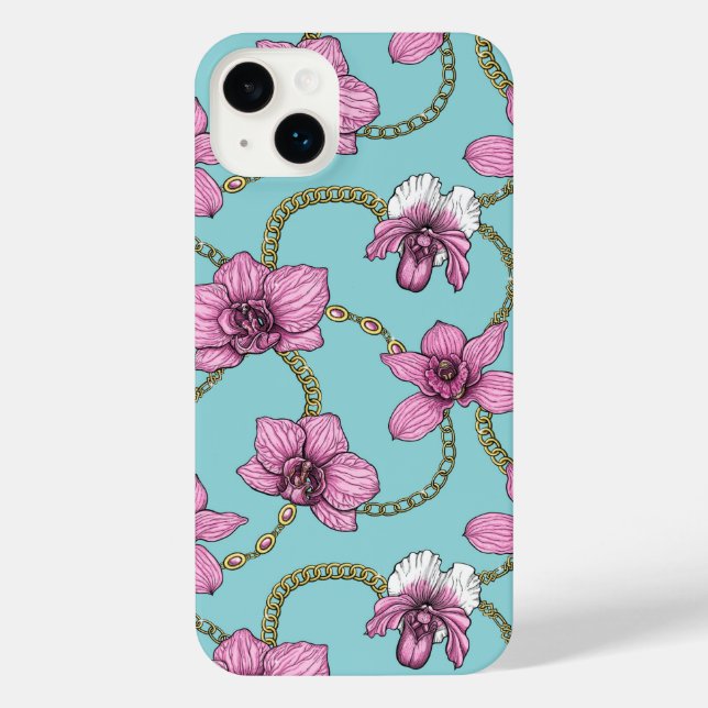 Coque iPhone Orchidées et chaînes, roses et bleues (Verso)