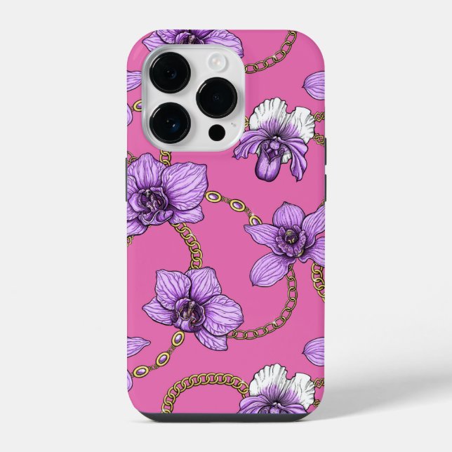 Coque iPhone Orchidées et chaînes, violet et rose (Verso)