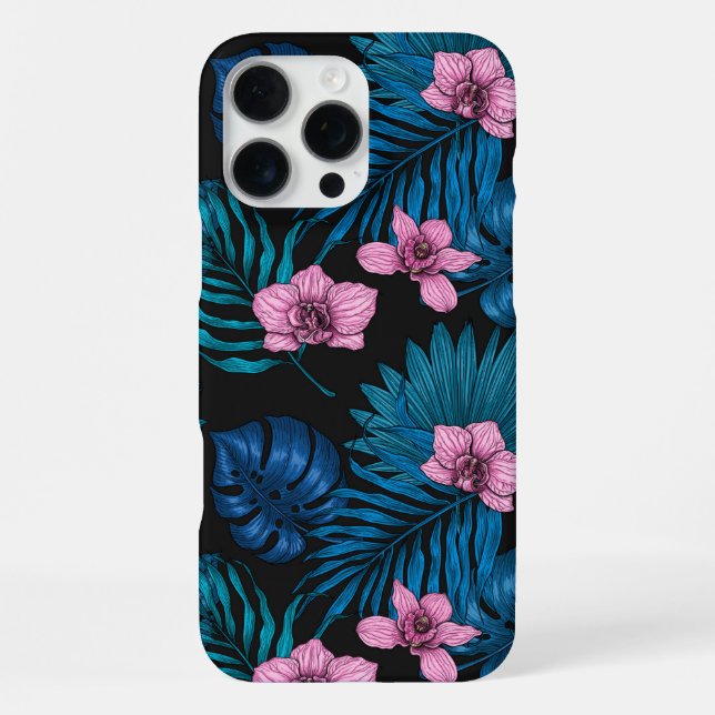 Coque iPhone Orchidées et feuilles de palmiers, rose et bleu su (Verso)