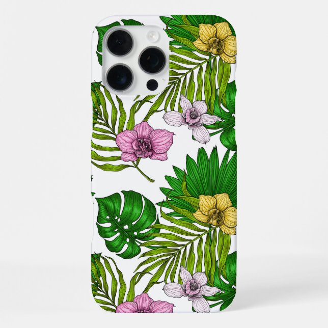 Coque iPhone Orchidées et feuilles de palmiers, rose, jaune, ve (Verso)