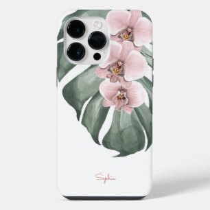 Coque Pour Pour iPhone 14 Pro Max Orchidées roses sur Monstera Flore tropicale avec