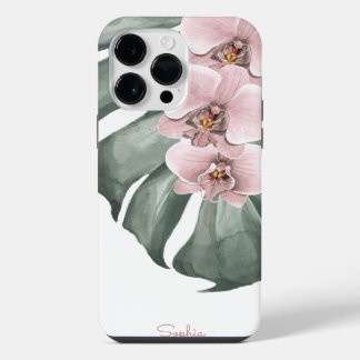 Coque Pour Pour iPhone 14 Pro Max Orchidées roses sur Monstera Flore tropicale avec