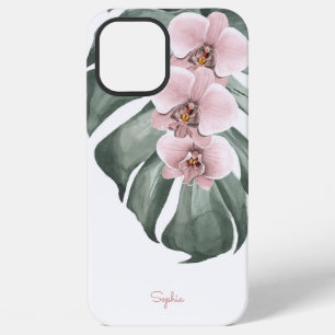 Coque iPhone 12 Pro Max Orchidées roses sur Monstera Flore tropicale avec