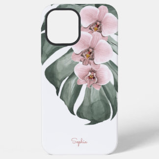 Coque iPhone 12 Pro Max Orchidées roses sur Monstera Flore tropicale avec