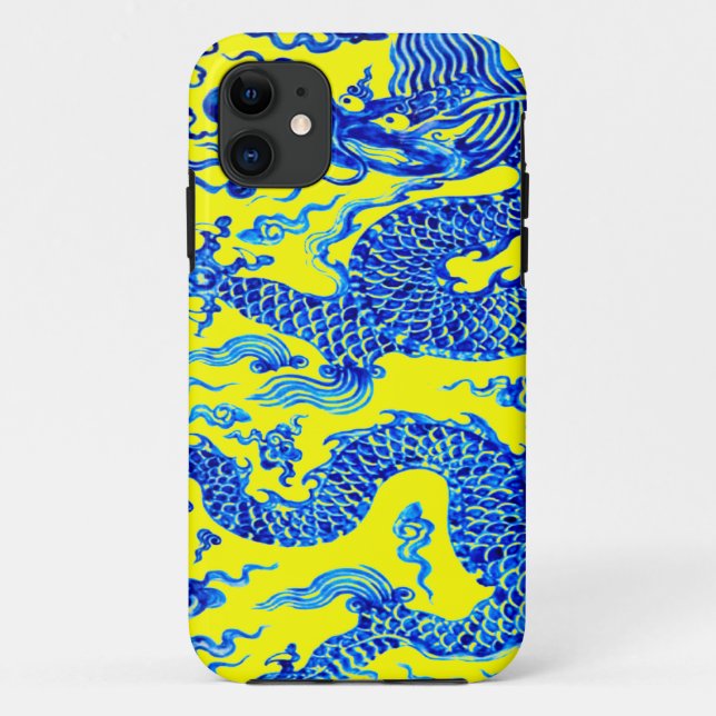 Coque iphone oriental jaune bleu d'art de dragon (Dos)