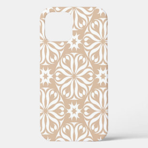 Coque iPhone 12 Ornement fleuri beige et blanc. Motif transparent
