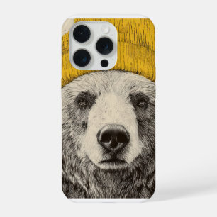 Coque iPhone 15 Pro Ours au bonnet jaune Animaux de la forêt rustique