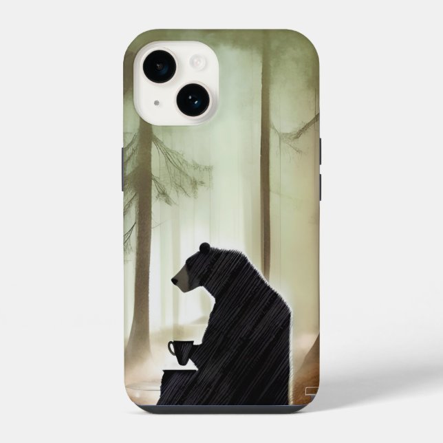 Coque iPhone Ours buvant du café dans les bois (Verso)