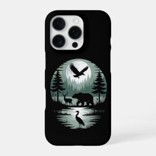 Coque iPhone 16 Pro Ours Cerf Aigle Lune Forêt Silhouette