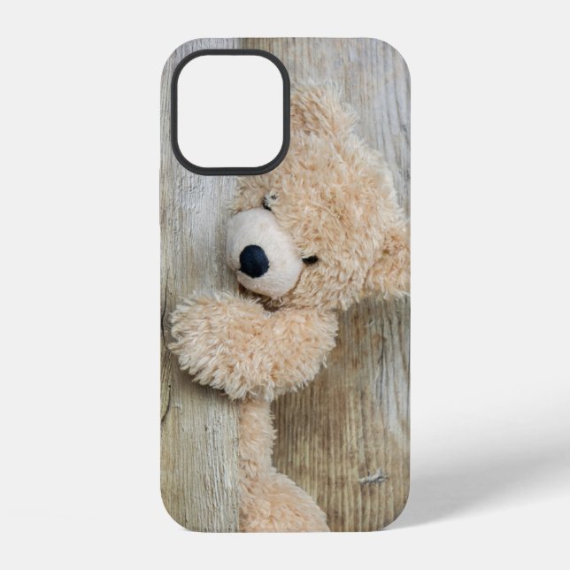 Coque iPhone Ours Cute Stuffé Mur Rustique En Bois (Verso)