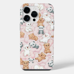 Coque Pour Pour iPhone 14 Pro Max Ours mignons et pandas sur des nuages roses sans c