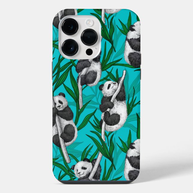 Coque iPhone Oursons pandas sur turquoise (Verso)