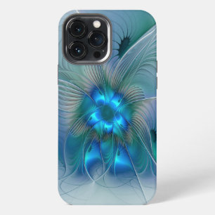 Etui iPhone 13 Pro Max Ovations debout, fractale abstraite bleu turquoise