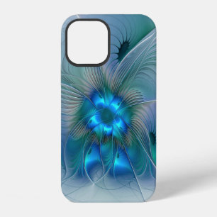 Coque iPhone 12 Ovations debout, fractale abstraite bleu turquoise