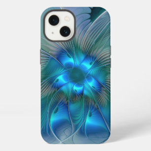 Etui iPhone 13 Ovations debout, fractale bleue turquoise abstrait