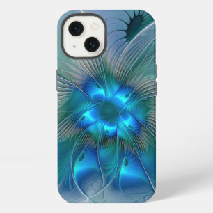 Etui iPhone 13 Ovations debout, fractale de turquoise bleu abstra