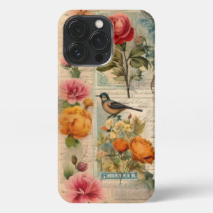 Etui iPhone 13 Pro Page de journal de récupération avec fleurs + oise