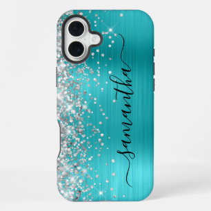 Coque iPhone 16 Plus Pailleté Argent Aqua Métallisé Signature Noir Fémi