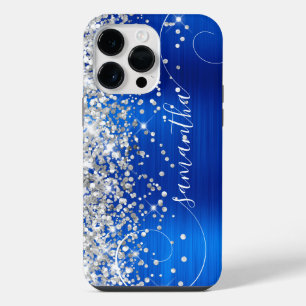Coque Pour Pour iPhone 14 Pro Max Pailleté Argent Bleu Royal Glam Courbé Signature