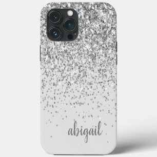 Etui iPhone 13 Pro Max Pailleté Argent Élégant Moderne Monogramme Nom