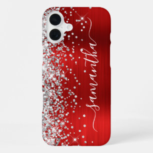 Coque iPhone 16 Plus Pailleté Argent Métallisé Rouge Signature Girly