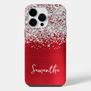 Coque Pour Pour iPhone 14 Pro Max Pailleté Argent Paillettes Rouge Glam Nom