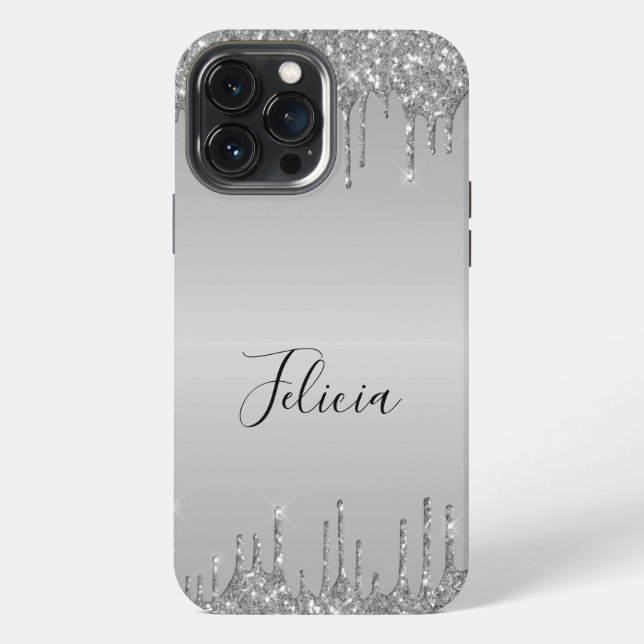 Coque iPhone Pailleté Argenté Monogrammé Élégant (Verso)
