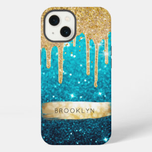 Etui iPhone 13 Pailleté Bleu Féminin Drips Or Étincelle Glam Star