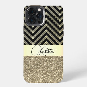 Etui iPhone 13 Pro Max Pailleté Or et Chevron Noir Personnalisé