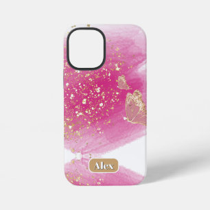 Coque iPhone 12 Mini Pailleté rose, papillon et nom personnalisé
