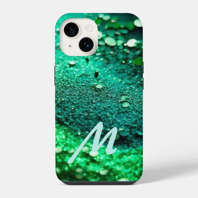 Coque iPhone Pailleté vert monogrammé  (Verso)
