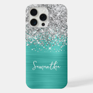 Coque iPhone 15 Pro Max Paillettes Argent Turquoise Glam Nom