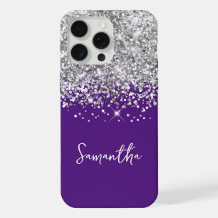 Coque iPhone 15 Pro Max Paillettes argentées et nom royal violet