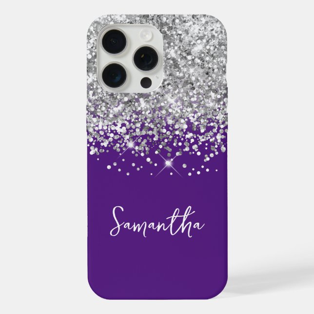 Coque iPhone Paillettes argentées et nom royal violet (Verso)