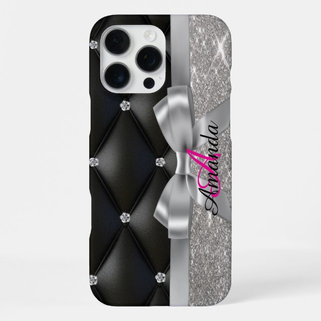 Coque iPhone Paillettes argentées monogramme noir  (Verso)
