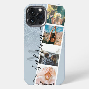 Etui iPhone 13 Pro Max Paillettes bleues 4 grille de collage de photos mo