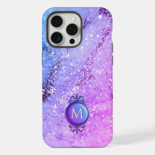 Coque iPhone 15 Pro Max Paillettes de pastel violet et bijou monogrammé