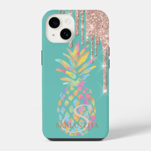 Coque Pour iPhone 14 Paillettes de rose doré en gouttes ananas menthe v