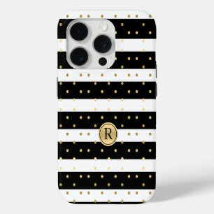 Coque iPhone 15 Pro Paillettes dorées chic à pois avec rayures noires 