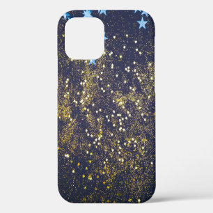 Coque iPhone 12 Paillettes dorées et étoiles bleues scintillantes