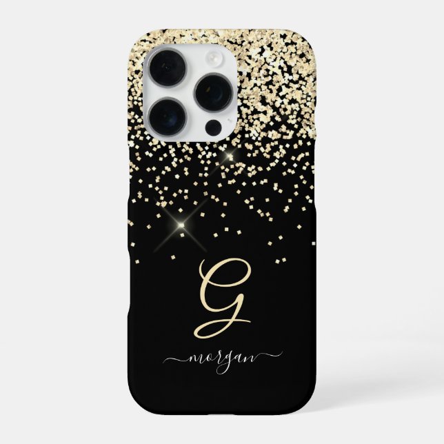 Coque iPhone Paillettes dorées et monogramme Nom en écriture bl (Verso)