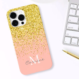Coque Pour Pour iPhone 14 Pro Max Paillettes dorées métalliques Pluie + Monogramme Q